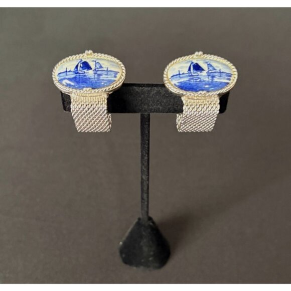 Vintage Delft Swank Nautical Blue Porcelain Sailboat Cufflinks Silver Tone Oval - Picture 8 of 13
